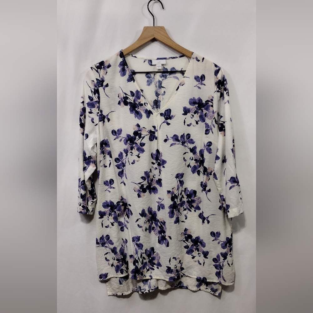 J.Jill Floral Blouse Women's M White Blue Artsy Cottagecore Peasant Retro 90s